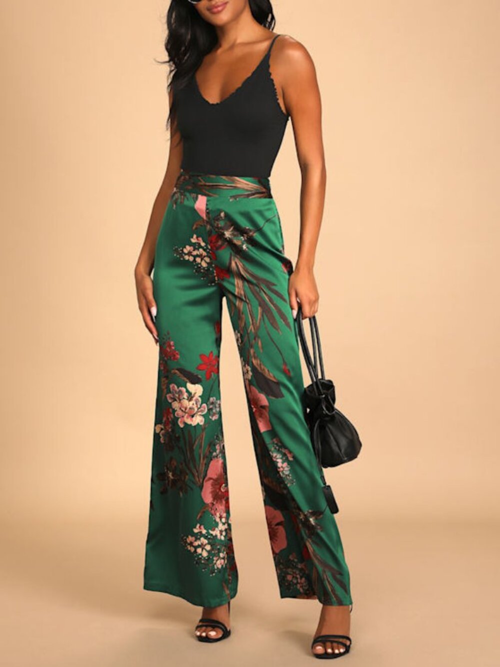 Lulus Thriving Vibes Green Floral Print Satin Wide-leg Pants - Size S